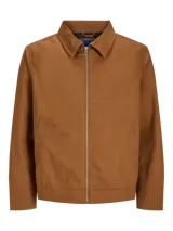 Campera marrón de algodón con cuello clásico, cierre frontal con cremallera y bolsillos laterales.