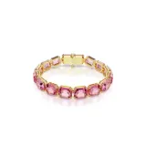 Pulsera rígida con cristales rosas de talla octogonal engarzados en garra con baño de oro rosa y cierre oculto.