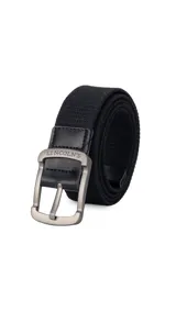 Cinturón casual negro de tela canvas con hebilla metálica plateada y detalles en cuero sintético negro.
