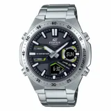 Reloj Casio Edifice con caja y correa de acero plateado, esfera negra con detalles en verde y amarillo, y funciones de cronómetro, calendario y alarma.