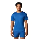 Remera deportiva Columbia Three Pitch de manga corta, color azul con logo de la marca en el pecho. Confeccionada con tecnología Omni-Wick™ para mantenerte seco y fresco.
