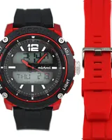 Reloj Mistral deportivo con correa de silicona negra y caja roja.