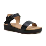 Sandalias negras de plataforma con dos tiras anchas y hebilla en el tobillo.