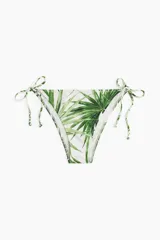 Vedetina blanca con estampado de hojas de palmera verdes y tiras laterales para atar.
