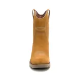 Botín de gamuza color ocre con bordados de estilo western en la caña y el empeine. Tiene taco de madera y suela de goma.