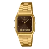 Reloj Casio modelo AQ230GA-5AMQYDF, color dorado, con caja cuadrada de acero y esfera marrón.