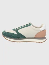 Zapatillas urbanas Hush Puppies Bliss Sun, con capellada de cuero y poliéster en tonos beige, verde y rosa. Suela de goma con tecnología memory foam.