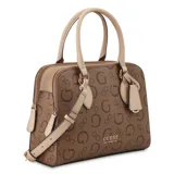 Bolso satchel Guess Delphina con estampado de logos "G" en marrón y detalles en beige. Tiene doble asa de mano, correa bandolera ajustable y extraíble, cierre superior con cremallera, bolsillo frontal y trasero, y herrajes dorados.
