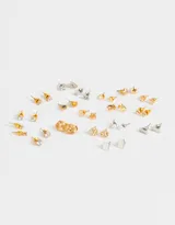 Set de 18 pares de aros con distintos diseños: strass, perlas y metal dorado.