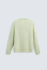 Sweater verde claro tejido con lana y alpaca, de corte regular, cuello redondo y manga larga con terminaciones en rib.