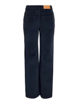 Pantalón de pana azul marino, de corte recto y tiro medio, con bolsillos laterales y traseros.