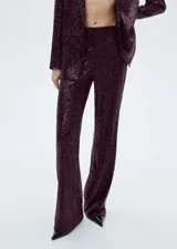 Pantalón palazzo de tiro medio, color borgoña, con cintura elástica y lentejuelas.