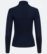 Blusa azul marino de punto con cuello alto, mangas largas y botones dorados decorativos en los hombros.