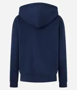 Buzo blanco de algodón y poliéster con capucha, cordón de ajuste, manga larga, abertura frontal con cremallera y bolsillos delanteros.