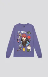 Remera lila de algodón con corte oversize, mangas largas y estampa frontal con la frase "La vida es como una caja de bombones, nunca sabes lo que te va a tocar".