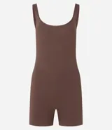 Enterito deportivo marrón de poliamida, con escote redondo y breteles anchos.