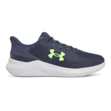 Championes de running Under Armour Phade RN 3, color azul marino con logo verde flúor y suela blanca.