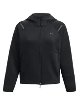 Campera deportiva Under Armour Unstoppable Fleece para mujer, color negro, con capucha, cierre frontal completo y detalles reflectantes.