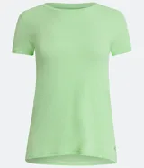Remera deportiva color verde flúor, de corte clásico, con cuello redondo y mangas cortas.