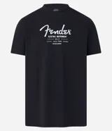 Remera negra de algodón con estampa frontal blanca con el logo de Fender y la leyenda "Electric Instrument MFG CO Corona ESTB 1946 California Registered Trademark".