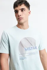 Remera celeste de manga corta con cuello redondo y estampado en el frente.