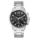 Reloj Guess modelo GW0900G1, con caja redonda de acero inoxidable plateado de 44mm y esfera negra con detalles plateados. La correa es de eslabones de acero inoxidable y cuenta con subesferas que indican la fecha, el día de la semana y la hora en formato de 24 horas. Es resistente al agua hasta 50 metros.
