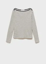 Camiseta de manga larga a rayas horizontales azul marino y blancas, con cuello barco.