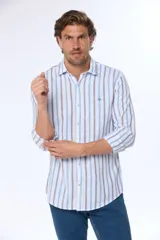 Camisa de manga larga con cuello abotonado, confeccionada en lino a rayas verticales azules y grises.