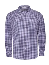 Camisa de hombre de manga larga con estampado a cuadros azules y rosas. Confeccionada en popelina elástica de algodón orgánico con tecnología Natural Flex.