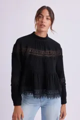 Blusa negra con cuello alto y mangas largas, con detalles de encaje en el pecho, mangas y ruedo.