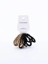 Pack de 12 gomitas de pelo, seis de color beige y seis de color negro. Algunas tienen detalles de cuentas.