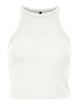 Top blanco acanalado sin mangas con cuello redondo.