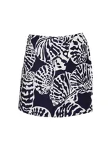 Short de tiro alto con estampado de conchas marinas en tonos azul y blanco.