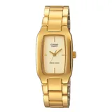 Reloj Casio de mujer con caja rectangular dorada y esfera blanca.