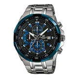 Reloj Casio Edifice con correa de acero plateado, esfera negra con detalles en azul y cronógrafos.