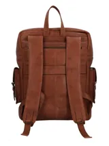 Mochila de cuero marrón con múltiples bolsillos externos con hebillas y cierres.