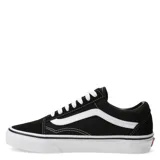 Championes Vans Old Skool negros con la clásica banda lateral blanca, confeccionados en lona y gamuza, con suela de goma blanca tipo waffle.