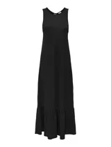 Vestido largo negro sin mangas con cuello redondo y corte recto. Presenta un volante en el ruedo.