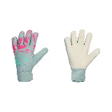 Guantes de arquero Nike con palma de látex color gris, dorso con diseño geométrico en gris y rosa, logo de Nike en verde agua y ajuste de velcro en la muñeca.