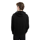 Canguro negro con cierre, capucha y detalles en blanco.