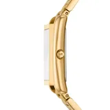 Reloj Michael Kors modelo Ritz con caja rectangular dorada y pulsera de eslabones de acero inoxidable en tono dorado. La esfera dorada presenta marcadores de hora en números romanos y el logo de la marca.