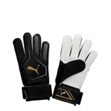 Guantes de arquero Puma King 4, color negro y blanco, con palma de látex supersuave de 2mm. Presentan detalles en dorado y la inscripción "KING" en el dorso.