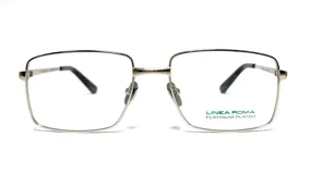 Armazón de anteojos rectangular plateado con patillas negras.