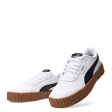 Championes Puma Carina 3.0 de cuero blanco con detalles en lila, suela de plataforma y logo dorado.