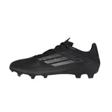 Championes de fútbol Adidas F50 League FG/MG, color negro con detalles plateados. Exterior de Fiberskin con diseño Sprintgrid y suela Sprintplate 360 para césped natural y sintético.