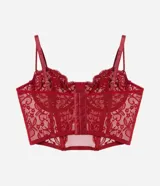 Corset rojo de encaje floral sin copa, con breteles dobles ajustables y varillas internas.