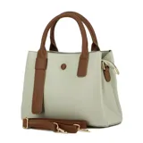 Cartera marrón con textura granulada, doble asa corta y correa larga desmontable.