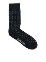 Medias azules con diseño de cruces negras y logo de la marca Jack & Jones en blanco.