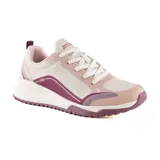 Championes urbanos Skechers Bobs Squad 3 para mujer, color beige con detalles en rosa y violeta.