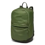 Mochila Columbia unisex color verde oliva, liviana y plegable, con logo estampado en el frente. Tiene bolsillo frontal con cierre, asa de mano y correas de hombro ajustables. Se guarda en un bolsillo exterior para facilitar su almacenamiento.
